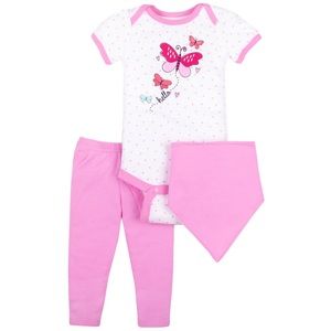 Little Star Baby Girl 3 Pc Short Sleeve Bodysuit, Pants, & Bandana Bib Set